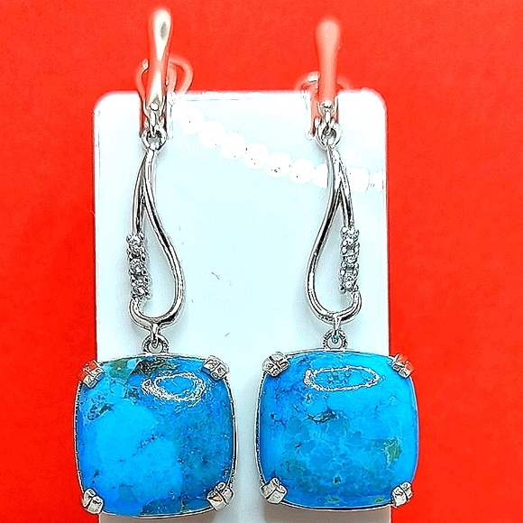Natural Arizona Turquoise 16mm & Cz 925 Sterling Silver Earrings - Picture 5 of 9